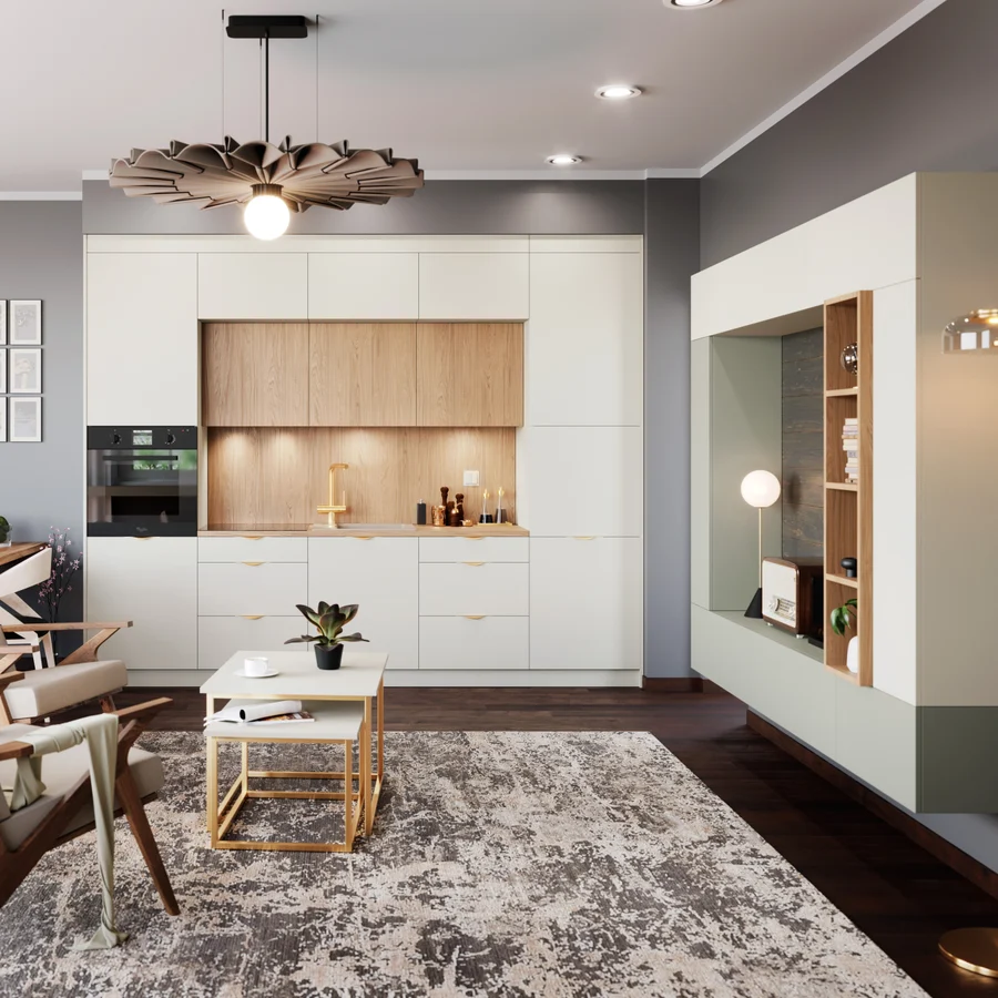 VELLA COLLECTION – A modular kitchen with smooth fronts and metal handles (View 2)