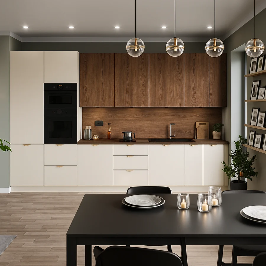 VELLA COLLECTION – A modular kitchen with smooth fronts and metal handles (View 4)
