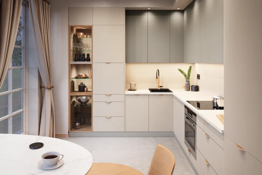 VELLA COLLECTION – A modular kitchen with smooth fronts and metal handles (View 5)